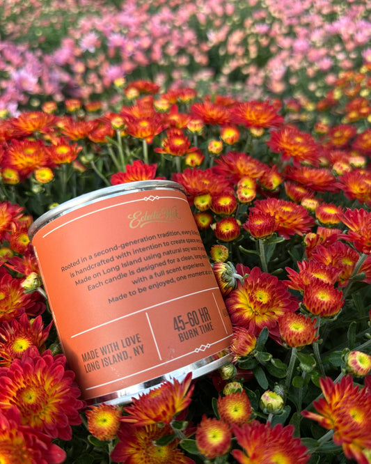 An orange cylindrical candle tin labeled and placed among dense red and orange mums in a garden bed, with blurred pink flowers in the background.
